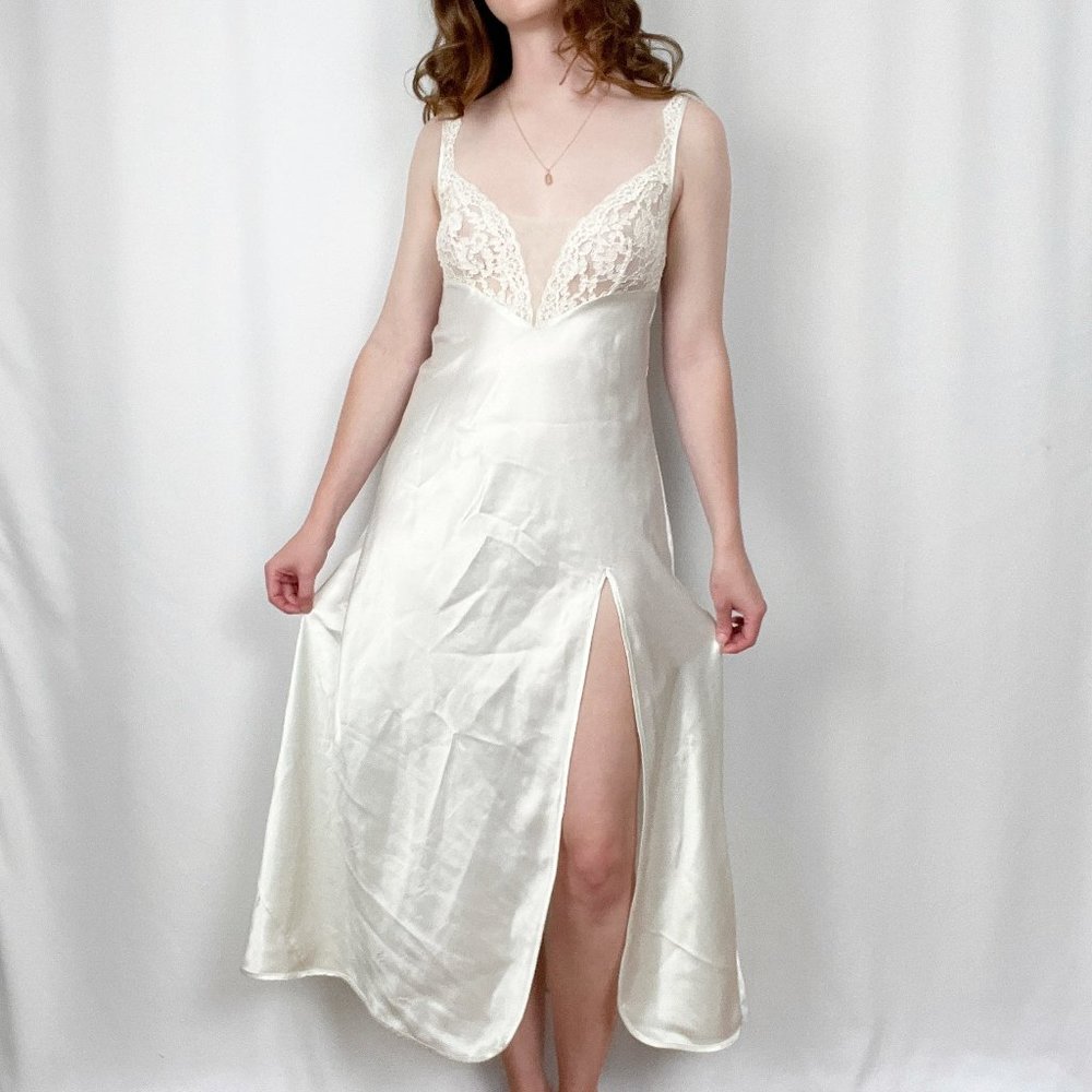 Vintage VS Gold Label Silky Lace Slip Dress Slit Sheer Bridal Wedding Midi Maxi